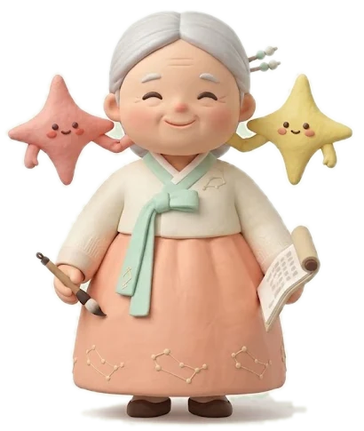 한복을 입은 삼신할매 캐릭터 삼시나이와 별 요정 쌍둥이